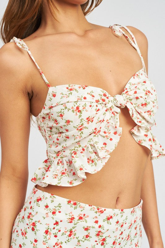 Floral Knot Ruffle Crop Top