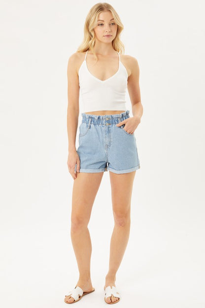 Double Buttoned Waistband Denim Shorts