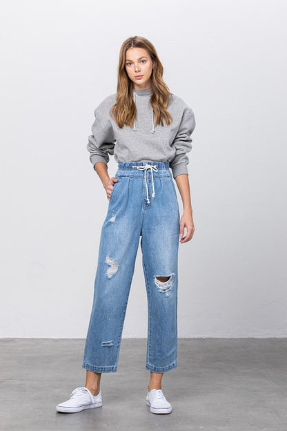 Super High Waist Drawstring Ripped Slouch Jeans