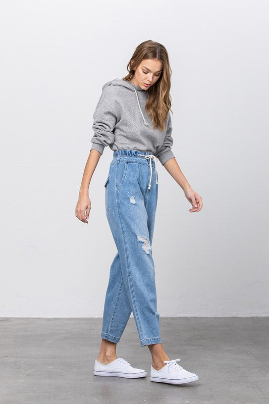 Super High Waist Drawstring Ripped Slouch Jeans