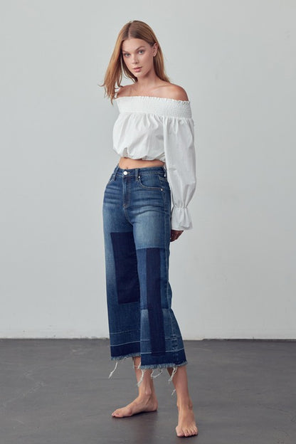 Patchwork Mid Rise Crop Flare Jeans