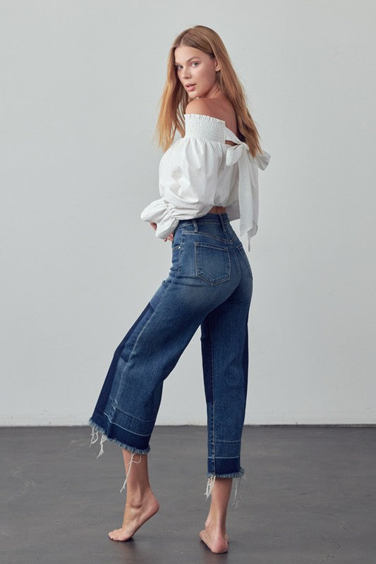 Patchwork Mid Rise Crop Flare Jeans