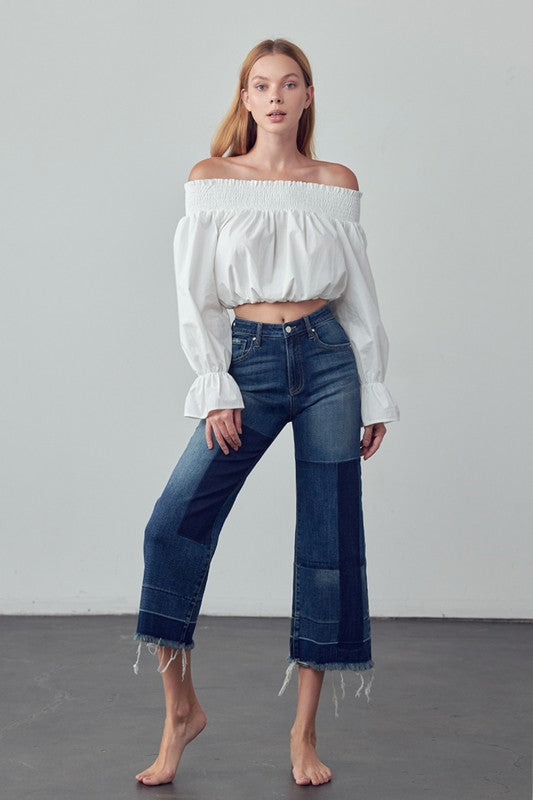 Patchwork Mid Rise Crop Flare Jeans