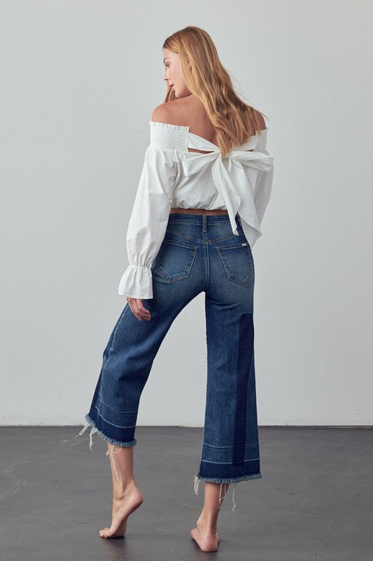 Patchwork Mid Rise Crop Flare Jeans