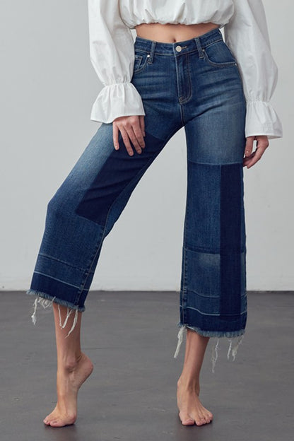 Patchwork Mid Rise Crop Flare Jeans