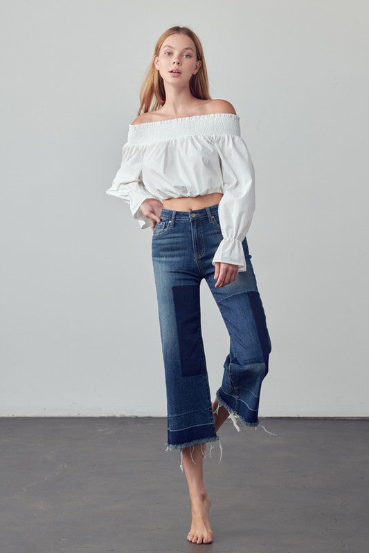 Patchwork Mid Rise Crop Flare Jeans