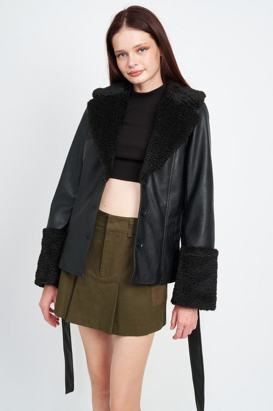 Belted Faux Shearing Trimmed Jacket