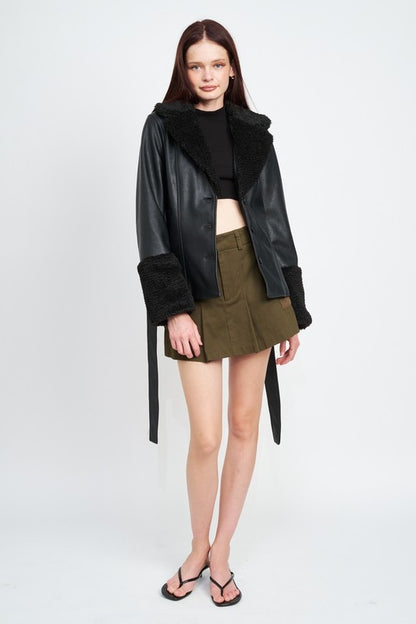 Belted Faux Shearing Trimmed Jacket