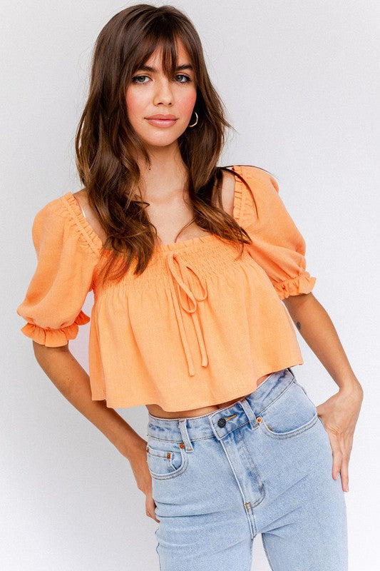 Mallory Smocked Puff Sleeve Flowy Crop Top