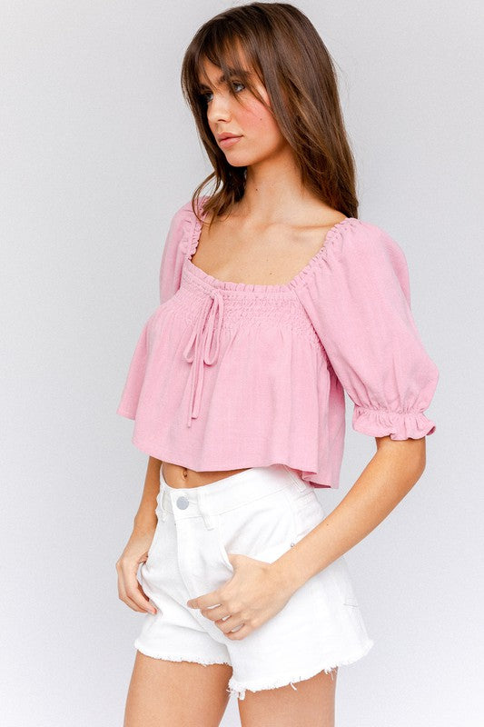 Mallory Smocked Puff Sleeve Flowy Crop Top