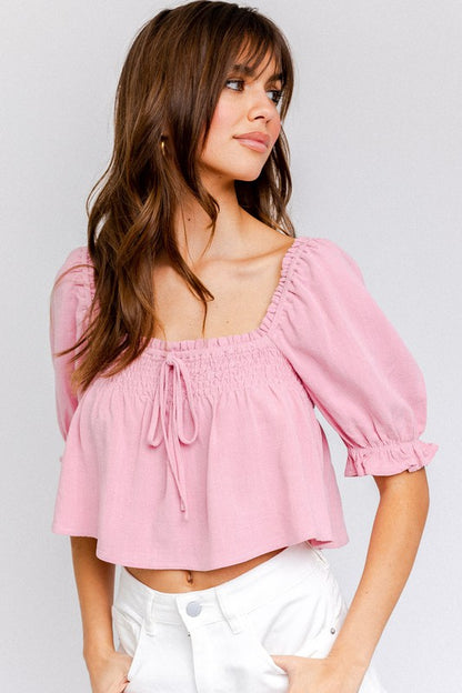 Mallory Smocked Puff Sleeve Flowy Crop Top