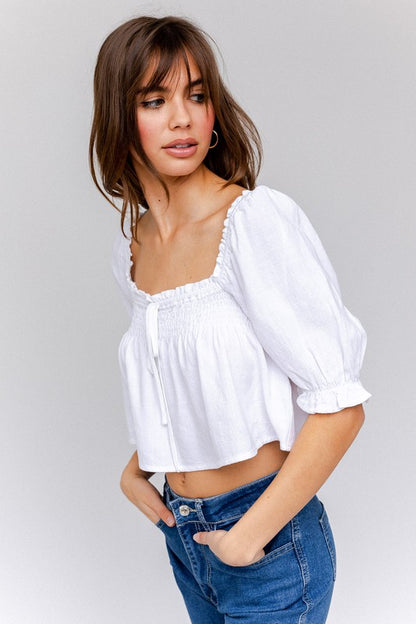 Mallory Smocked Puff Sleeve Flowy Crop Top