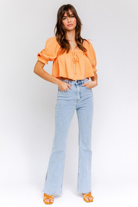 Mallory Smocked Puff Sleeve Flowy Crop Top