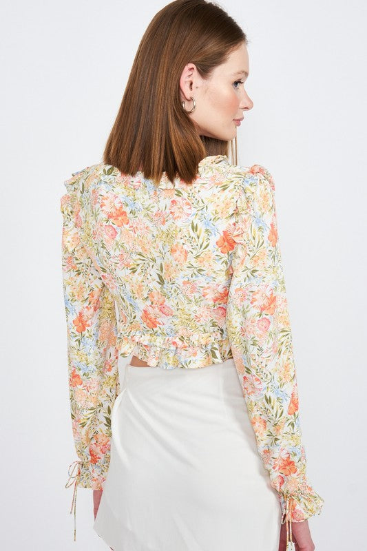 Wren Floral Ruffle Long Sleeve Crop Top