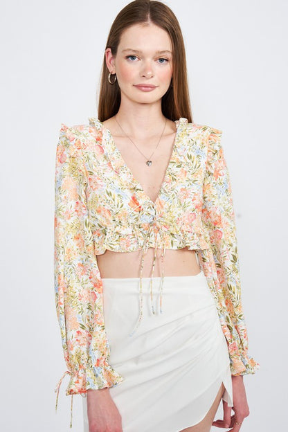 Wren Floral Ruffle Long Sleeve Crop Top