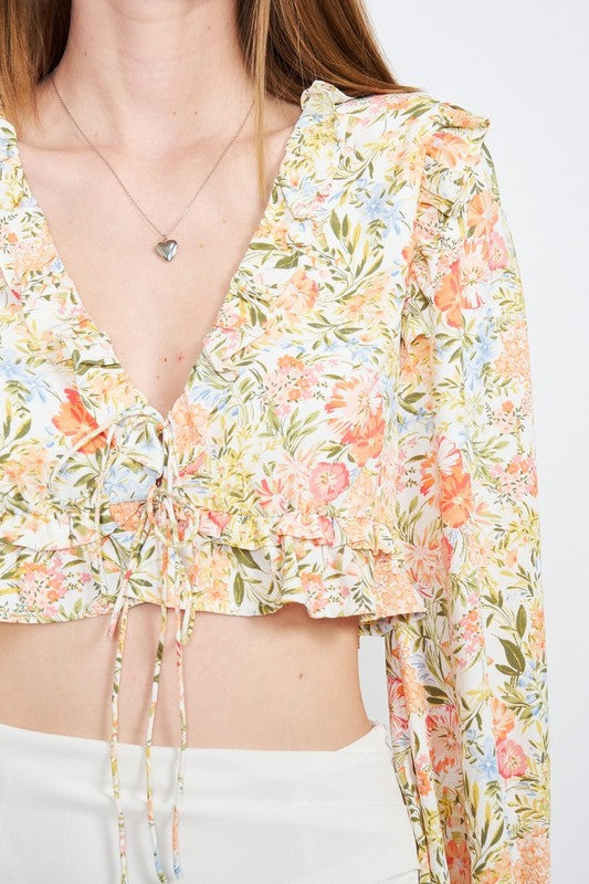 Wren Floral Ruffle Long Sleeve Crop Top