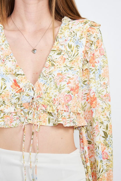 Wren Floral Ruffle Long Sleeve Crop Top