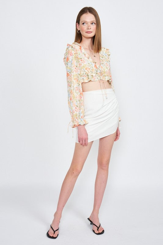 Wren Floral Ruffle Long Sleeve Crop Top