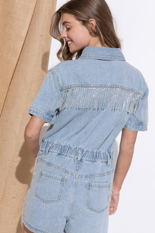 Dixie Rhinestone Fringe Denim Romper