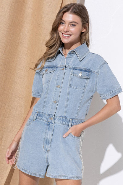 Dixie Rhinestone Fringe Denim Romper