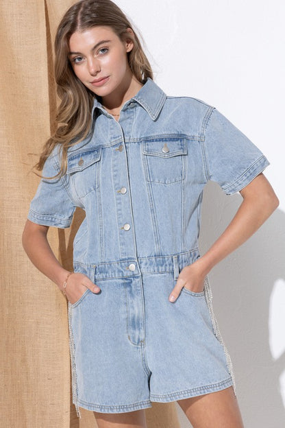 Dixie Rhinestone Fringe Denim Romper