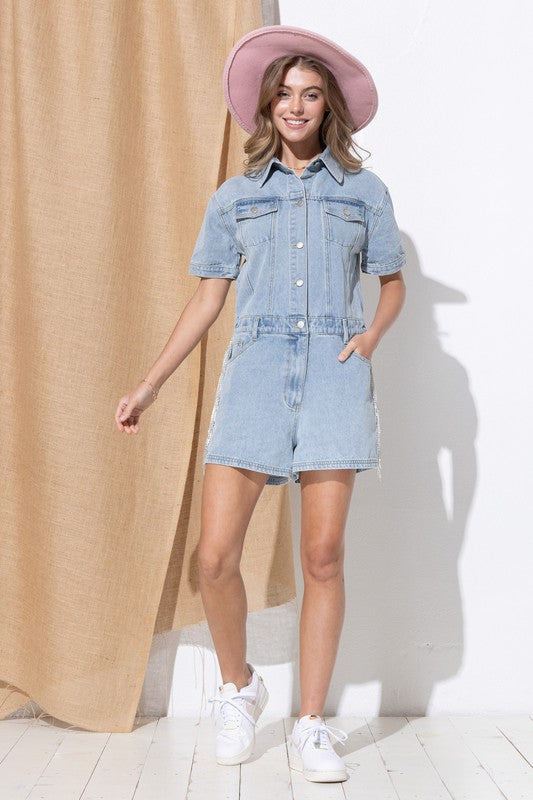 Dixie Rhinestone Fringe Denim Romper