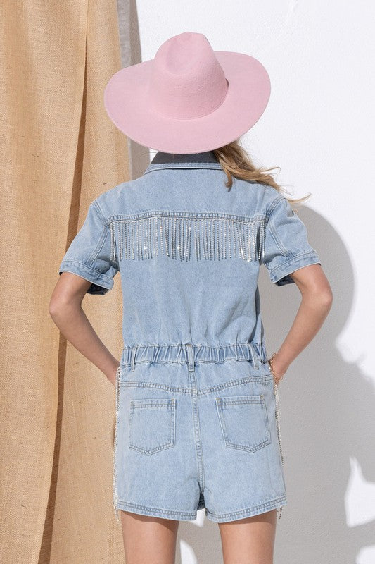 Dixie Rhinestone Fringe Denim Romper