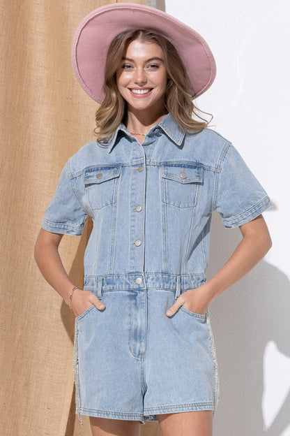 Dixie Rhinestone Fringe Denim Romper