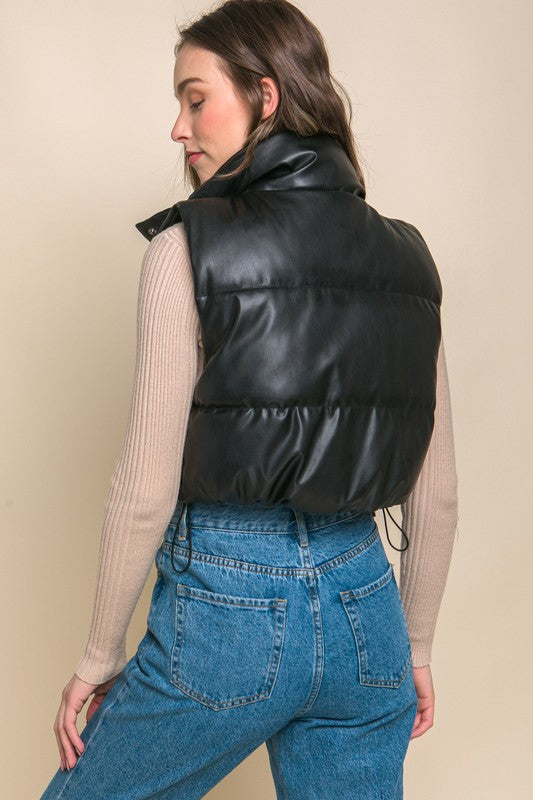 Cropped Faux Leather Puffer Vest