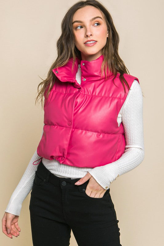 Cropped Faux Leather Puffer Vest