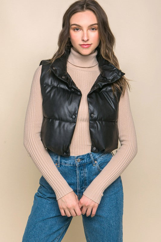 Cropped Faux Leather Puffer Vest