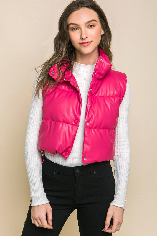 Cropped Faux Leather Puffer Vest