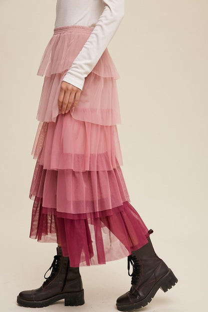 Ariana Gradient Mesh Tiered Maxi Skirt