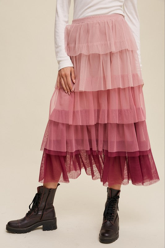 Ariana Gradient Mesh Tiered Maxi Skirt