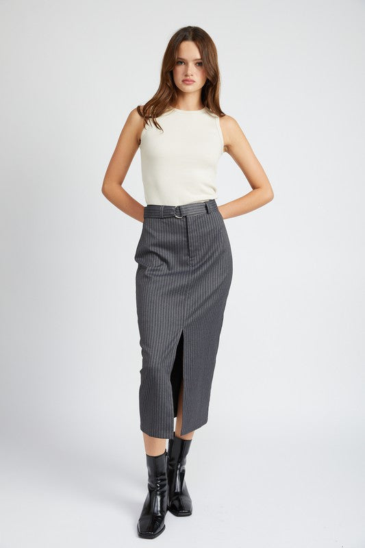 To The Office Pinstripe Slit Midi Skirt