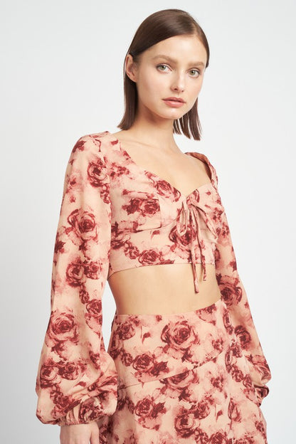 Florence Floral Long Sleeve Sweetheart Crop Top