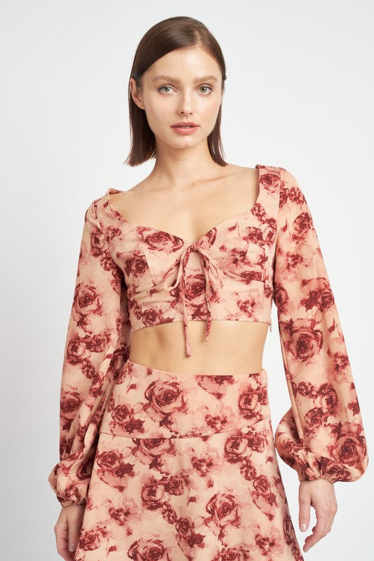 Florence Floral Long Sleeve Sweetheart Crop Top