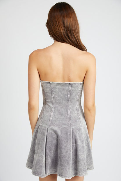 Audrey Pleated Denim Strapless Mini Dress