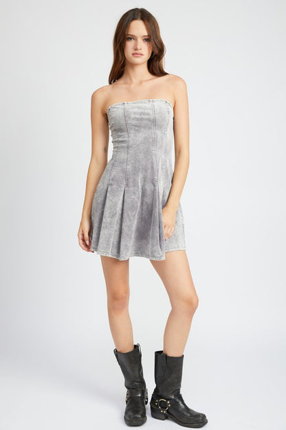 Audrey Pleated Denim Strapless Mini Dress