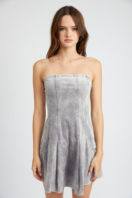 Audrey Pleated Denim Strapless Mini Dress