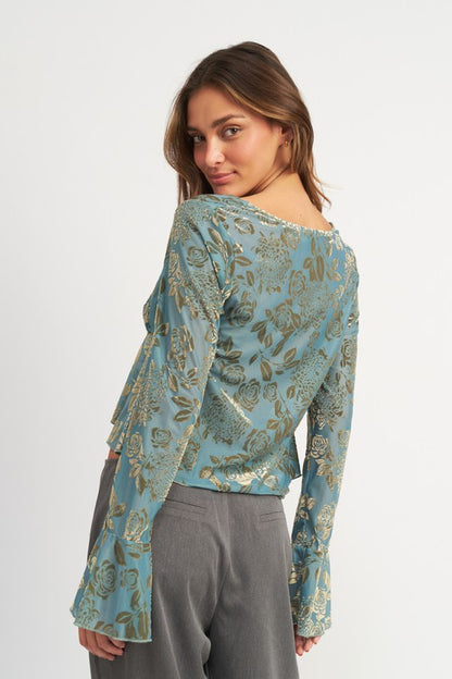 Shirring Tie Top with Long Sleeve