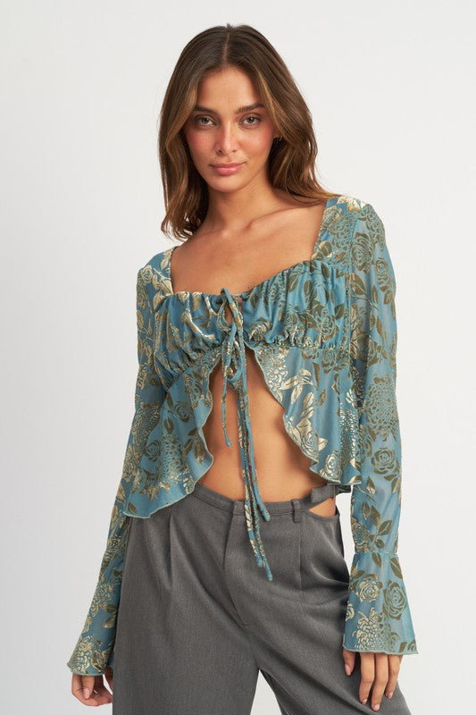 Shirring Tie Top with Long Sleeve