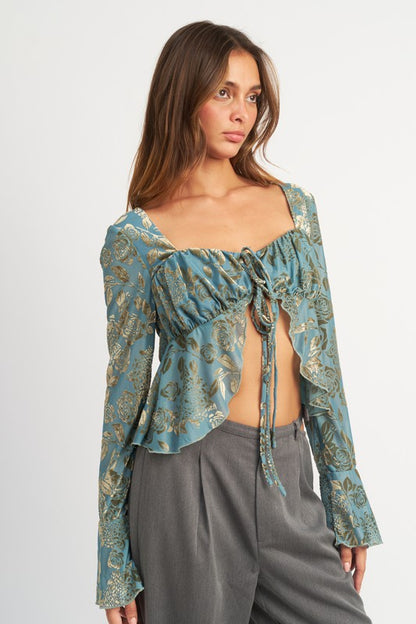 Shirring Tie Top with Long Sleeve