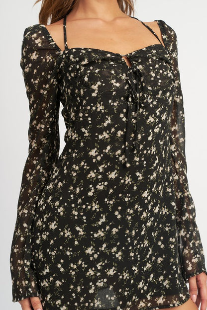 Hallie Floral Halter Tie Long Sleeve Mini Dress