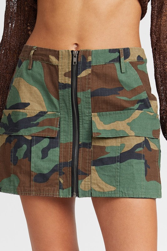 Camo Mini Skirt with Front Zipper