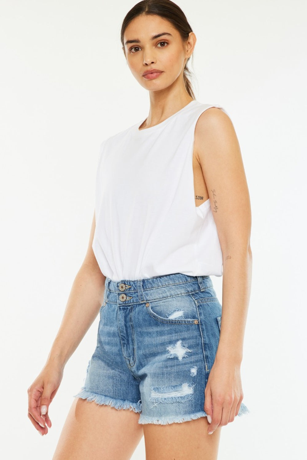 Kancan High Rise Raw Hem Denim Shorts