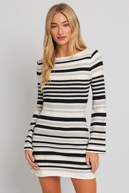 Emma Striped Boat Neck Bell Sleeve Sweater Dress