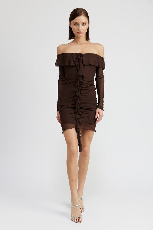 Espresso Off-Shoulder Ruffle Mini Dress