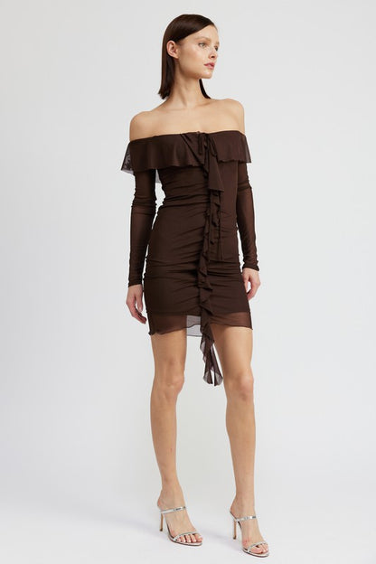 Espresso Off-Shoulder Ruffle Mini Dress