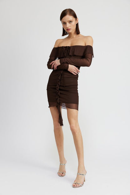 Espresso Off-Shoulder Ruffle Mini Dress